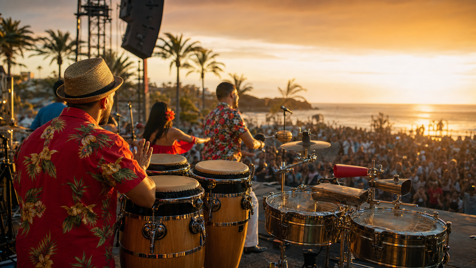 Escenario latino junto al mar en Tenerife con percusionistas y público.