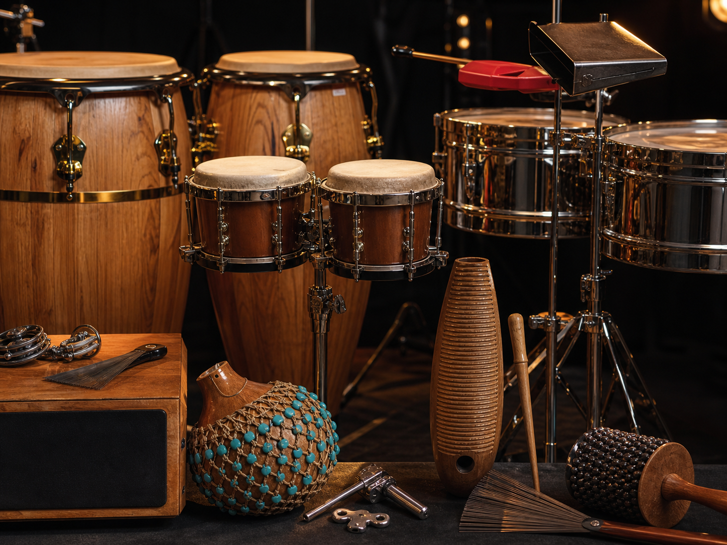 Instrumentos de percusión latina iluminados en un escenario.
